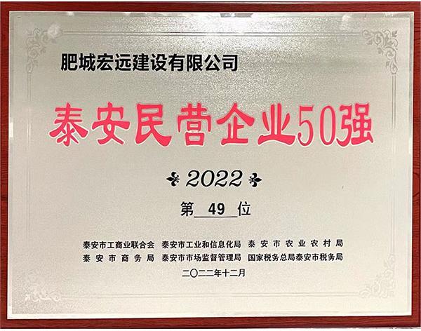 肥城宏遠(yuǎn)建設(shè)有限公司入圍2022年度泰安民營企業(yè)50強(qiáng)