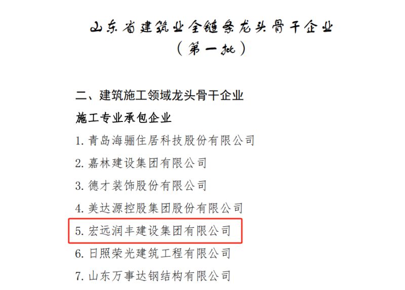 喜報！宏遠潤豐建設集團有限公司榮獲山東省建筑業(yè)全鏈條龍頭骨干企業(yè)（外出施工領域類）